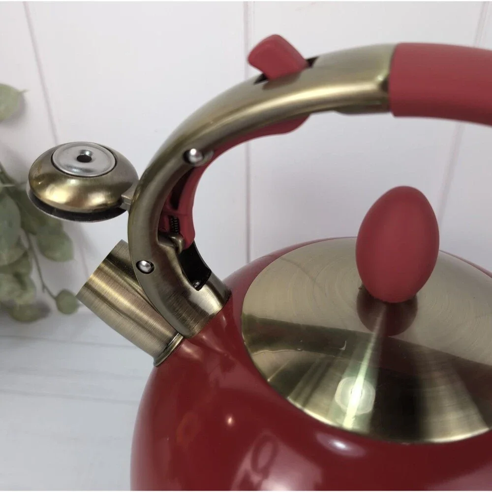 Whistling Tea Kettle Red Susteas Stovetop Teapot 3 Qt Stainless Steel